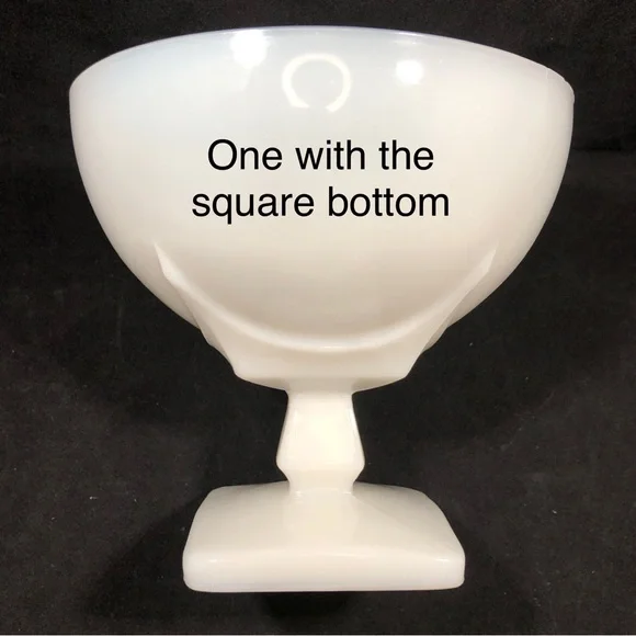3 MILK GLASS PEDESTAL BOWLS/CANDY DISHES. 2 ROUND BOTTOM/1 SQUARE BOTTOM - Picture 11 of 13